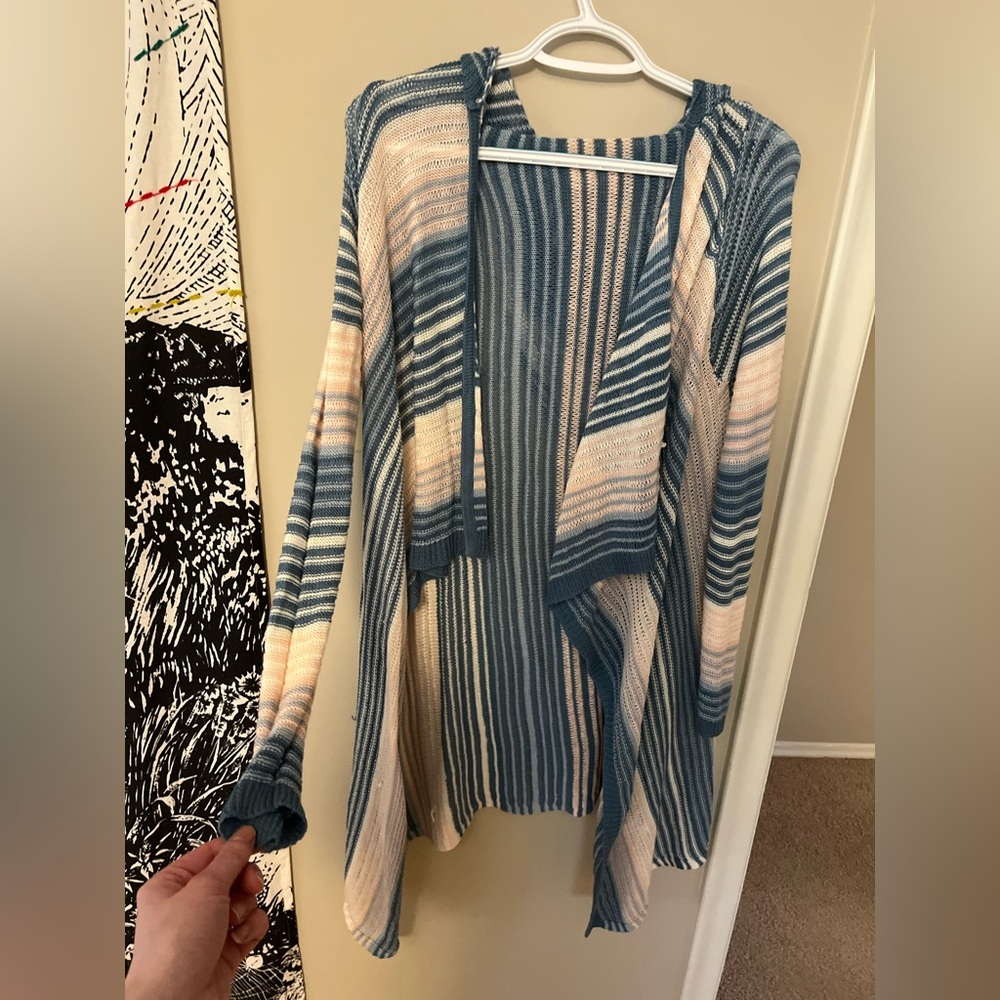Long Blue and Pink Striped Cardigan with Hood Size Medium
